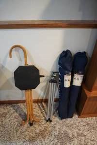 lot 316 image: 2) Umbrellas, tripod, folding cane stool