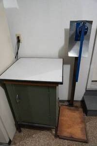lot 336 image: Metal cabinet and can crusher