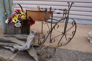 lot 351 image: Driftwood, bike planter, two pots