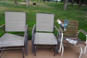 lot 364 image: Lawn chairs (one needs repair) Rooster, paver stone
