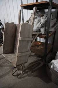 lot 27 image: Old wooden wheel barrow-needs repair