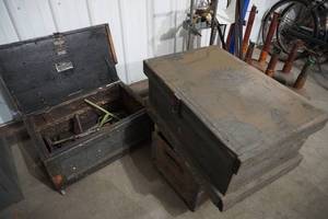 lot 30 image: Wooden boxes wprimitive tools etc.