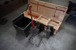 lot 50 image: Wood tool box, chimmey cleaner, 2 irons