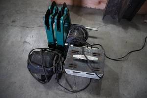 lot 51 image: Stand for balancing flywheels, 2 motors, Esstron battery charger