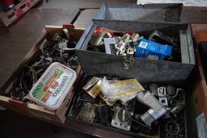 lot 79 image: Hose clamps, electrical parts & tool box