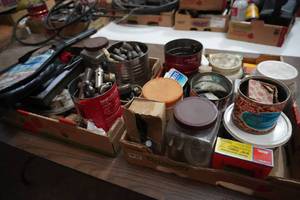 lot 86 image: Box of nuts, nails, copper,  steel fittings