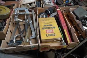 lot 113 image: Brace, square, tape measures, hacksaw