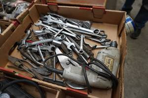 lot 117 image: C-clamps, drill, assorted wrenches, misc. measuring devices