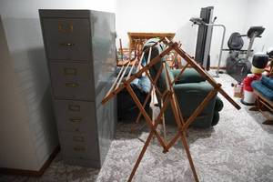 lot 264 image: Wood folding dryer rack and metal file cabinet